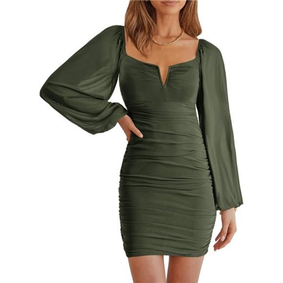 Women's Green Mini Dress Wtht Long Sleeve Cocktail Party Dress - Picture 1 of 7